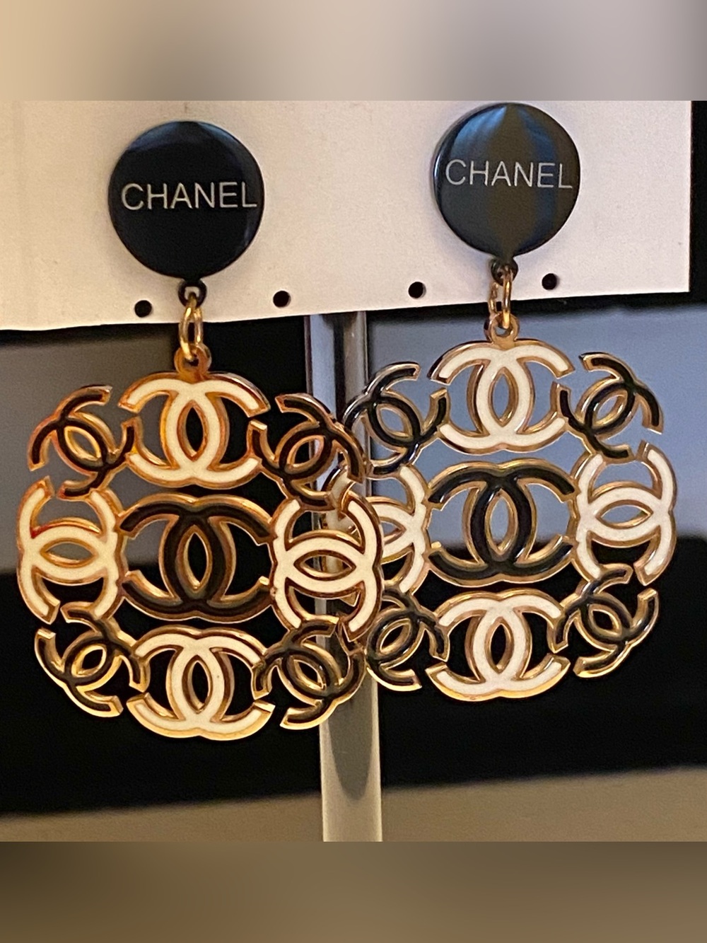 Fashion Jewelry 14K Rose Gold Plated/Black/ White - Logo C-C Drop Earrings